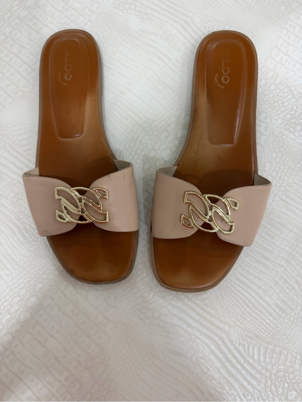 Aldo Blush Pink Slide Sandals with Gold Emblem